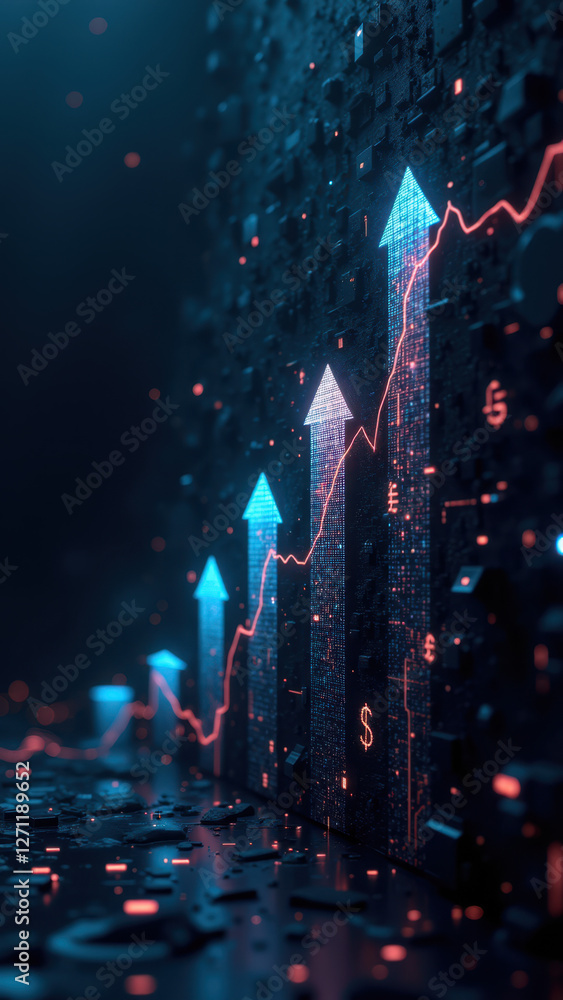 Poster dynamic digital graph with ascending lines and glowing arrows indicating financial growth and succes