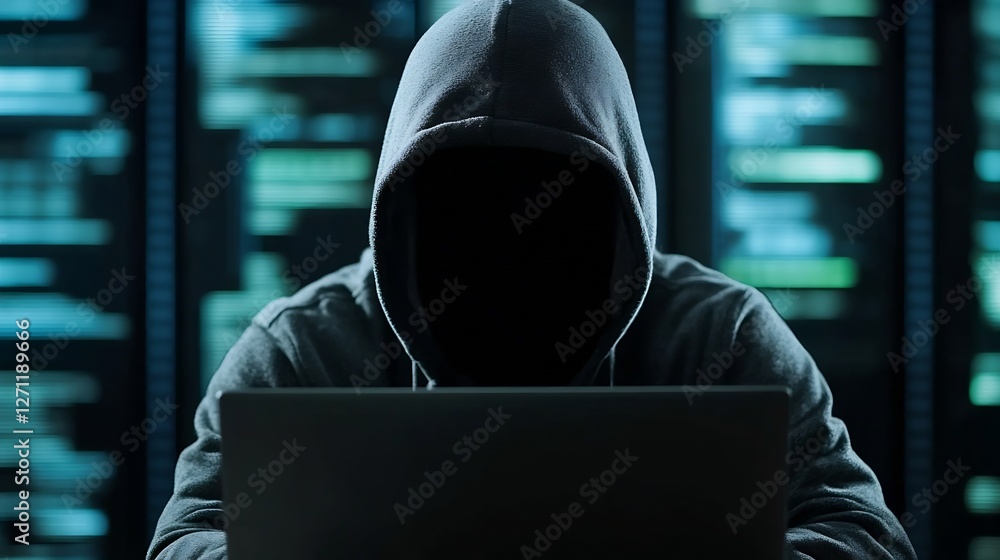 Poster Mysterious hooded figure at a computer screen in a dark room creating an enigmatic atmosphere : Generative AI