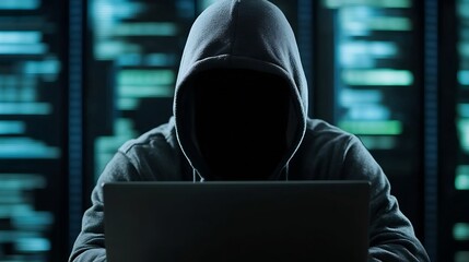Mysterious hooded figure at a computer screen in a dark room creating an enigmatic atmosphere : Generative AI