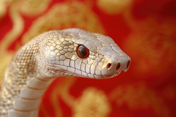 Close-up shot of a snake's head on a red background