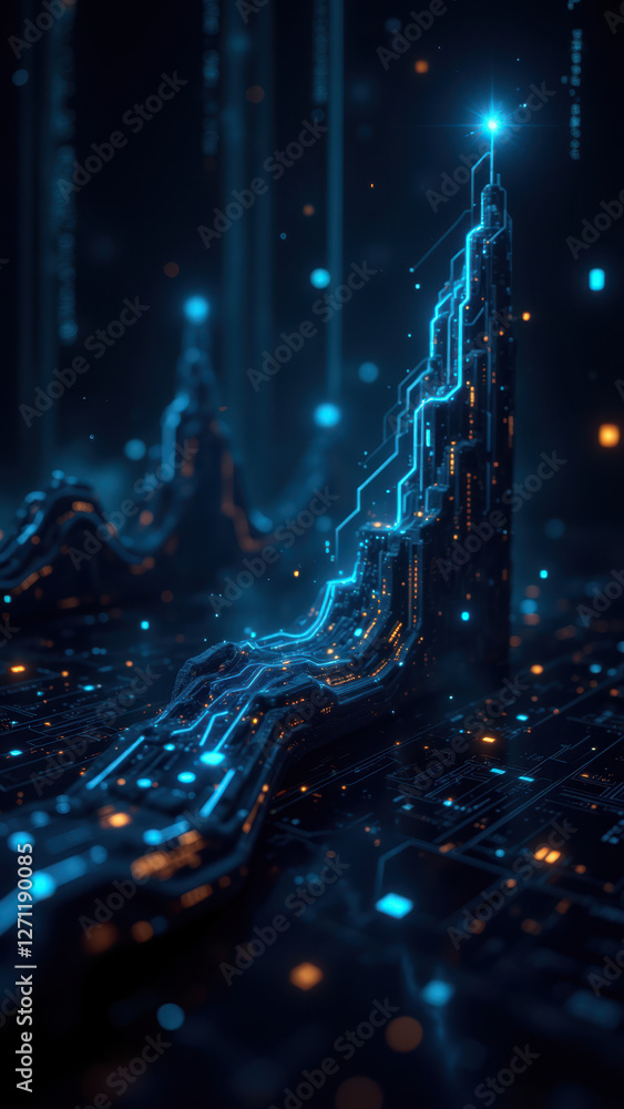 Poster a dynamic and futuristic digital representation of economic growth with a cybernetic structure illum