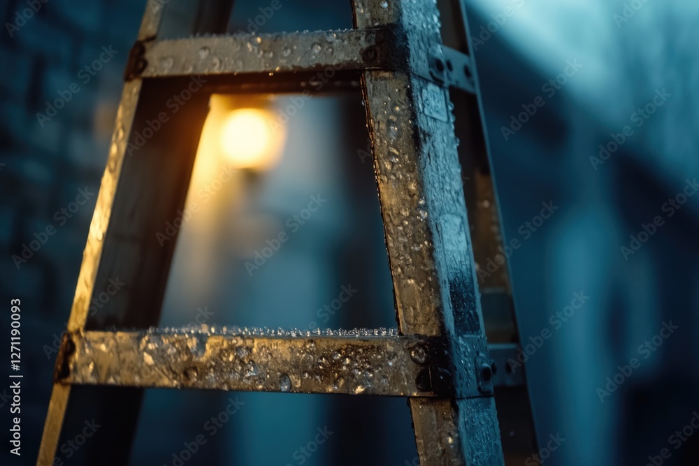 Poster a close-up shot of a ladder with a light shining from behind, perfect for use in interior design or 