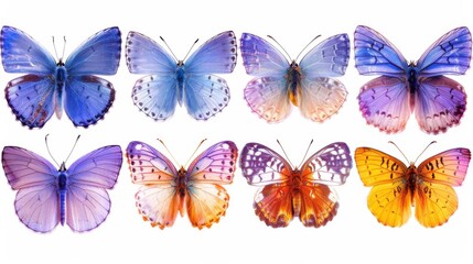 Butterfly illustration set with blue, purple, and orange tones, detailed wings on a clean white...