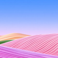 Colorful Fields of Lavender and Wheat Wavy Textured Landscape Under a Peaceful Blue Sky Backdrop