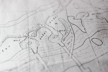 Fragment of an old topographic map with terrain relief