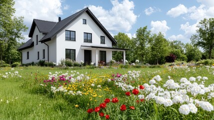 Modern white house, garden, sunny day, rural landscape, real estate