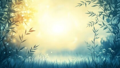 Obraz premium Gentle Dawn, Watercolor Background With Botanical Sketches, Serene And Delicate Nature Scene