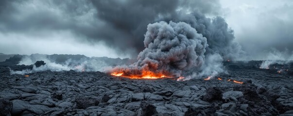 Volcanic landscapes concept. A dramatic volcanic eruption with smoke and lava on a rocky landscape under dark clouds.