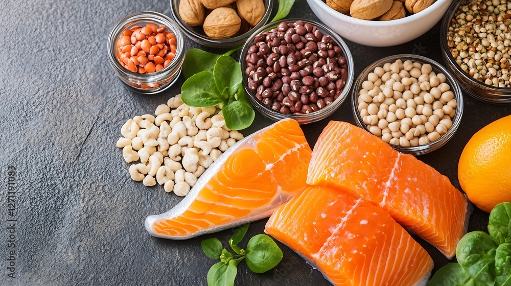 Poster An array of fresh healthy ingredients including salmon nuts and legumes on a rustic table : Generative AI