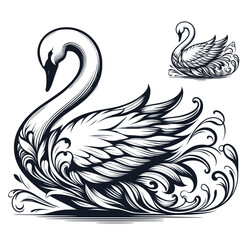 Obraz premium Stylized swan illustration with ornate feathers and flowing lines, elegant monochrome design