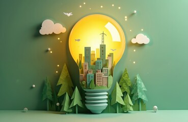 Eco city inside light bulb. Green trees around buildings using renewable energy. Paper cut style illustration promoting sustainability, eco awareness, carbon neutrality, reduced emissions.