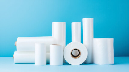 Various plastic packaging film rolls on a blue background