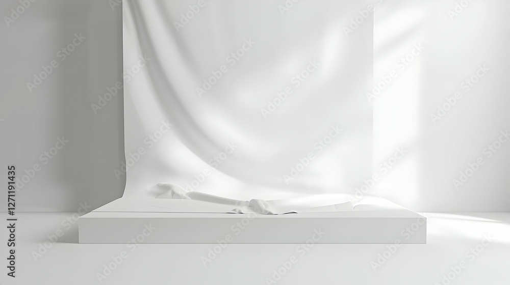 Aufkleber minimalist white studio scene with draped fabric and simple objects creating a serene atmosphere