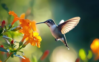 Fototapeta premium A tiny hummingbird hovering near a bright flower