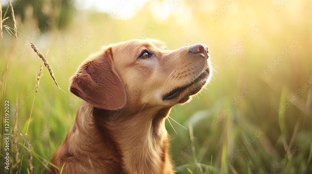 Poster golden labrador retriever dog looking towards bright sunlight in a field : generative ai