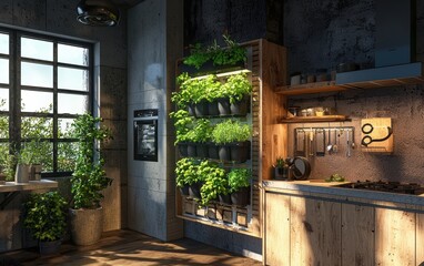 A vertical indoor garden with fresh herbs growing inside a kitchen