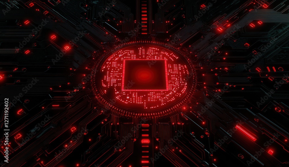 Poster exploring red circuits: a futuristic digital chip's intricate design and glowing luminous core, high