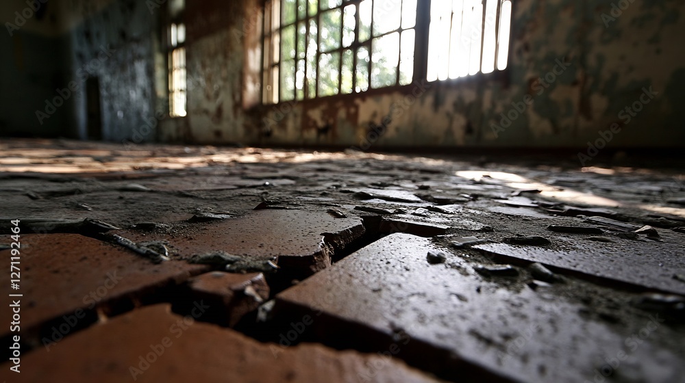 Aufkleber depicting a wornout floor with cracked tiles and sunlit windows in an abandoned building : generativ