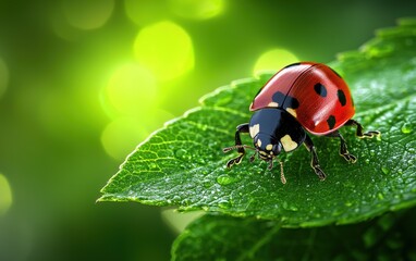 Fototapeta premium A vibrant ladybug crawling on a fresh green leaf