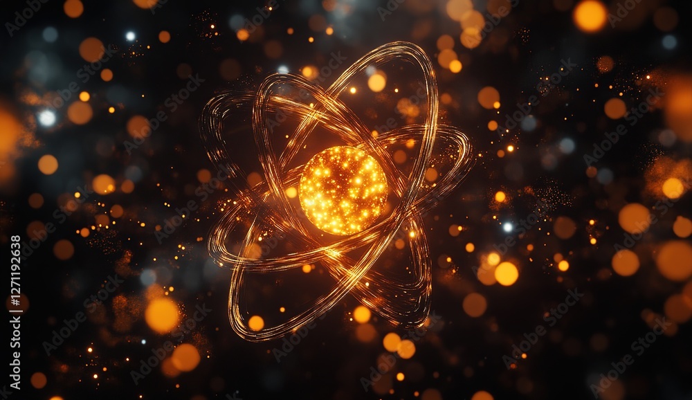 Poster exploring atomic structure: electron orbits and nucleus visualization with glowing particles, illumi