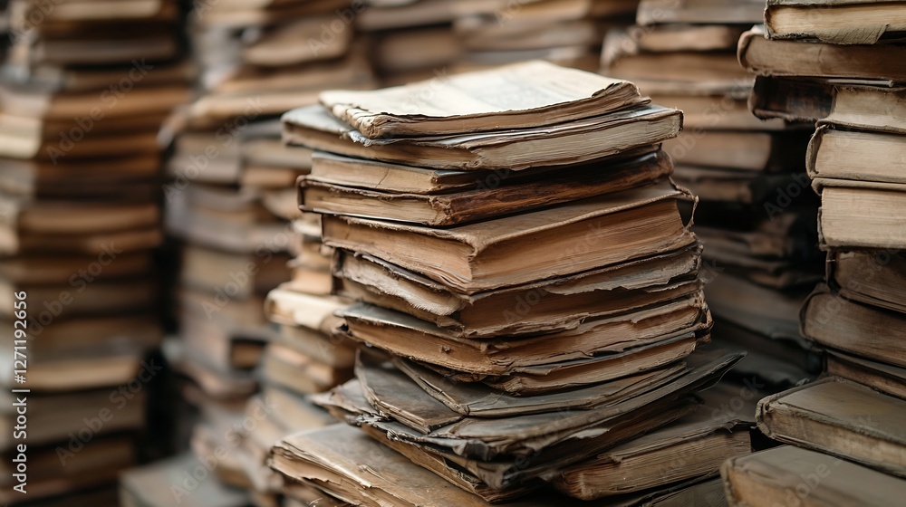 Poster stack of old books piled high in an antique style creating a nostalgic and literary atmosphere : gen