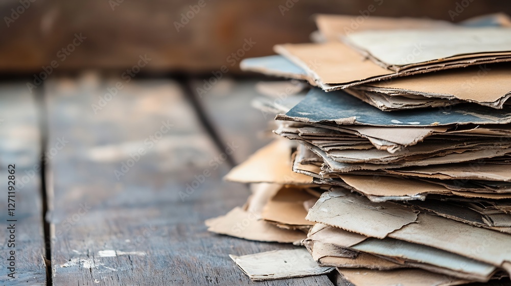 Poster a stack of vintage papers and sheets arranged on a rustic wooden surface showcasing textures and col