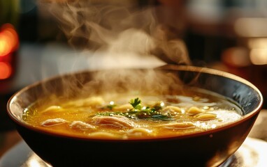 A warm bowl of chicken soup, steam rising from the golden broth