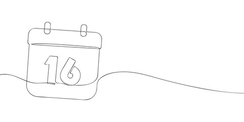 Simple one-line drawing of a desk calendar displaying sixteenth day of the month. The minimalistic design represents new beginnings, celebrations, and planning. Vector illustration.