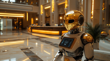 A luxury hotel lobby with a humanoid AI concierge robot greeting guests
