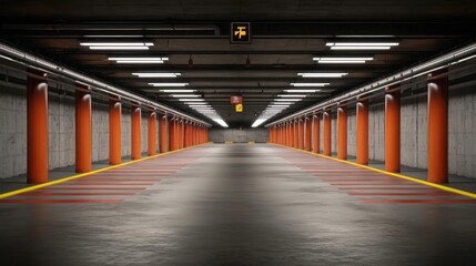 Obraz premium Empty Modern Parking Garage with Orange Columns and Fluorescent Lighting