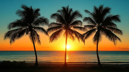 Serene Sunset Over Calm Ocean with Silhouetted Palm Trees