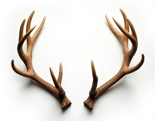 Large deer antlers lie on clean white background. Mammal skeleton part. Wildlife decoration object. Interior design item. Hunting trophy. Animal bone anatomy. Decorative element. Antlers composition