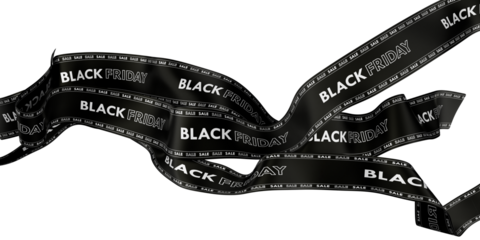 Black Friday Sale Ribbons floting on air. transparent Background. Three ribbons