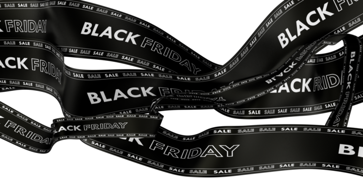 two Black Friday Sale Ribbons floting on air. transparent Background
