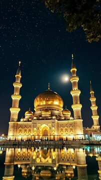 The beautiful golden mosque around the clear water at a starred night