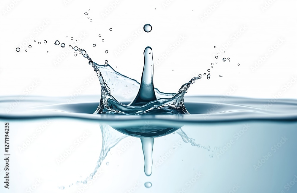 Poster single water drop falling into clear pool makes splash with droplet dispersing outward. isolated on 