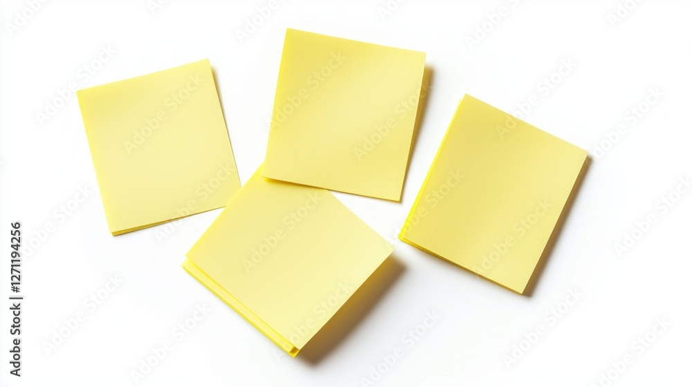 Poster yellow blank sticky notes are scattered on a clean white surface, inviting creativity and organizati