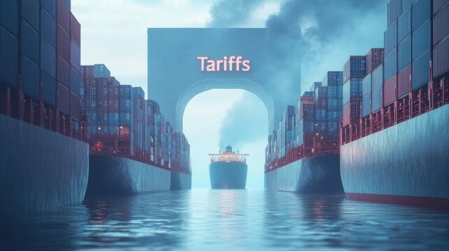 a row of container ships on port with inscription "Tariffs" and USA flag