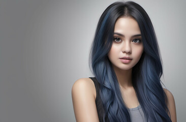 Fototapeta premium A beautiful young girl with long hair and beautiful eyes on a gray background