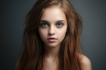Fototapeta premium A beautiful young girl with long hair and beautiful eyes on a gray background