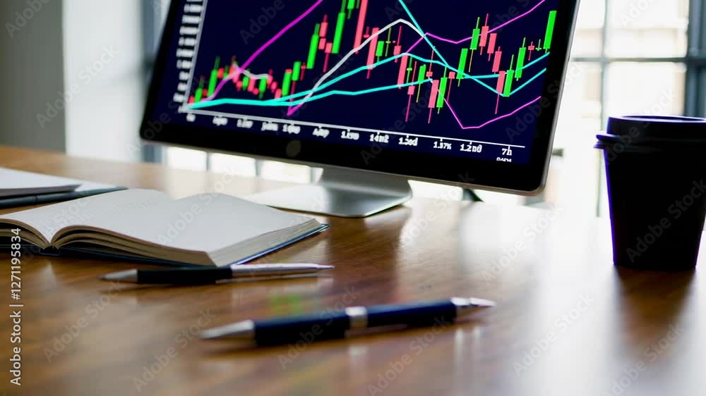 Poster financial data analysis showing increasing profits, represented by a candlestick chart displayed on 