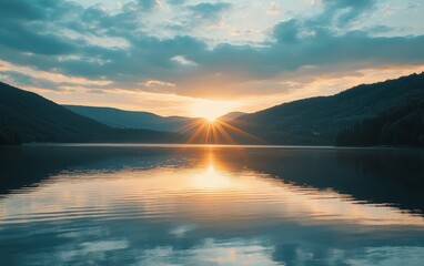 Fototapeta premium Fiery sunset reflecting off the surface of a calm mountain lake