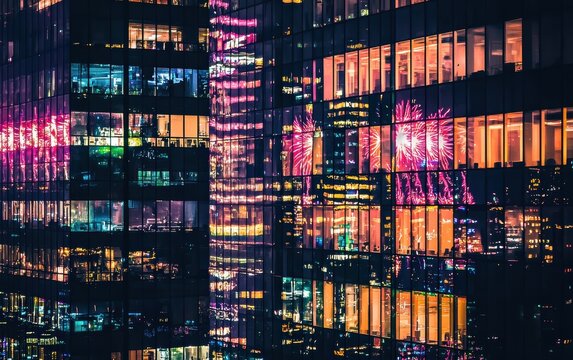 Fireworks reflected in the glass windows of a skyscraper