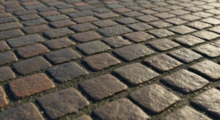 A realistic close-up of cobblestone street texture