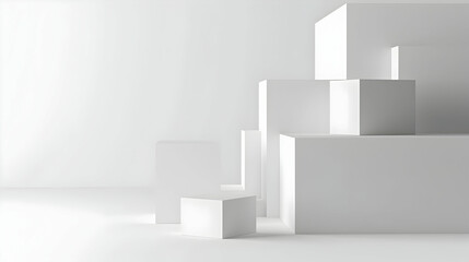 Abstract composition of white geometric blocks arranged in a modern minimalist space