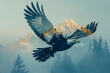 Obraz premium Majestic Eagle Soaring Over Mountainous Landscape in Soft Focus