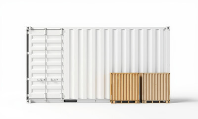 large white cargo container with two wooden crates beside it, showcasing modern and minimalist design. Ideal for shipping and storage solutions