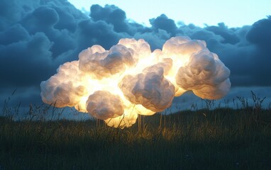 Puffy cotton-like clouds drifting over a meadow
