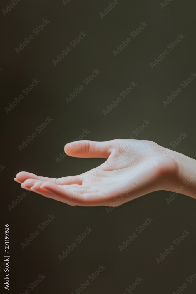 Poster a woman's hand extends gracefully, palm up, capturing a moment of tranquility. the soft light accent