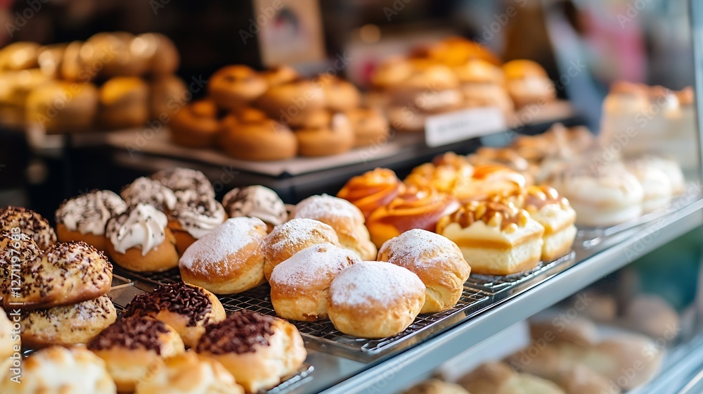 Poster Freshly Baked Assortment of Colorful Donuts Displayed in a Bakery Window : Generative AI